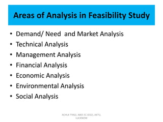 Areas of Analysis in Feasibility Study
• Demand/ Need and Market Analysis
• Technical Analysis
• Management Analysis
• Financial Analysis
• Economic Analysis
• Environmental Analysis
• Social Analysis
ACHLA TYAGI, ABES EC (032), AKTU,
LUCKNOW
 