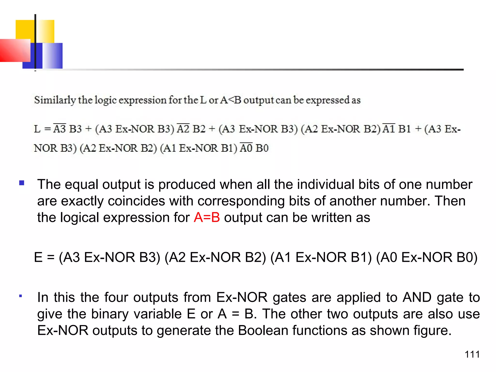  The equal output is produced when all the individual bits of one number
are exactly coincides with corresponding bits of another number. Then
the logical expression for A=B output can be written as
E = (A3 Ex-NOR B3) (A2 Ex-NOR B2) (A1 Ex-NOR B1) (A0 Ex-NOR B0)
 In this the four outputs from Ex-NOR gates are applied to AND gate to
give the binary variable E or A = B. The other two outputs are also use
Ex-NOR outputs to generate the Boolean functions as shown figure.
111
 