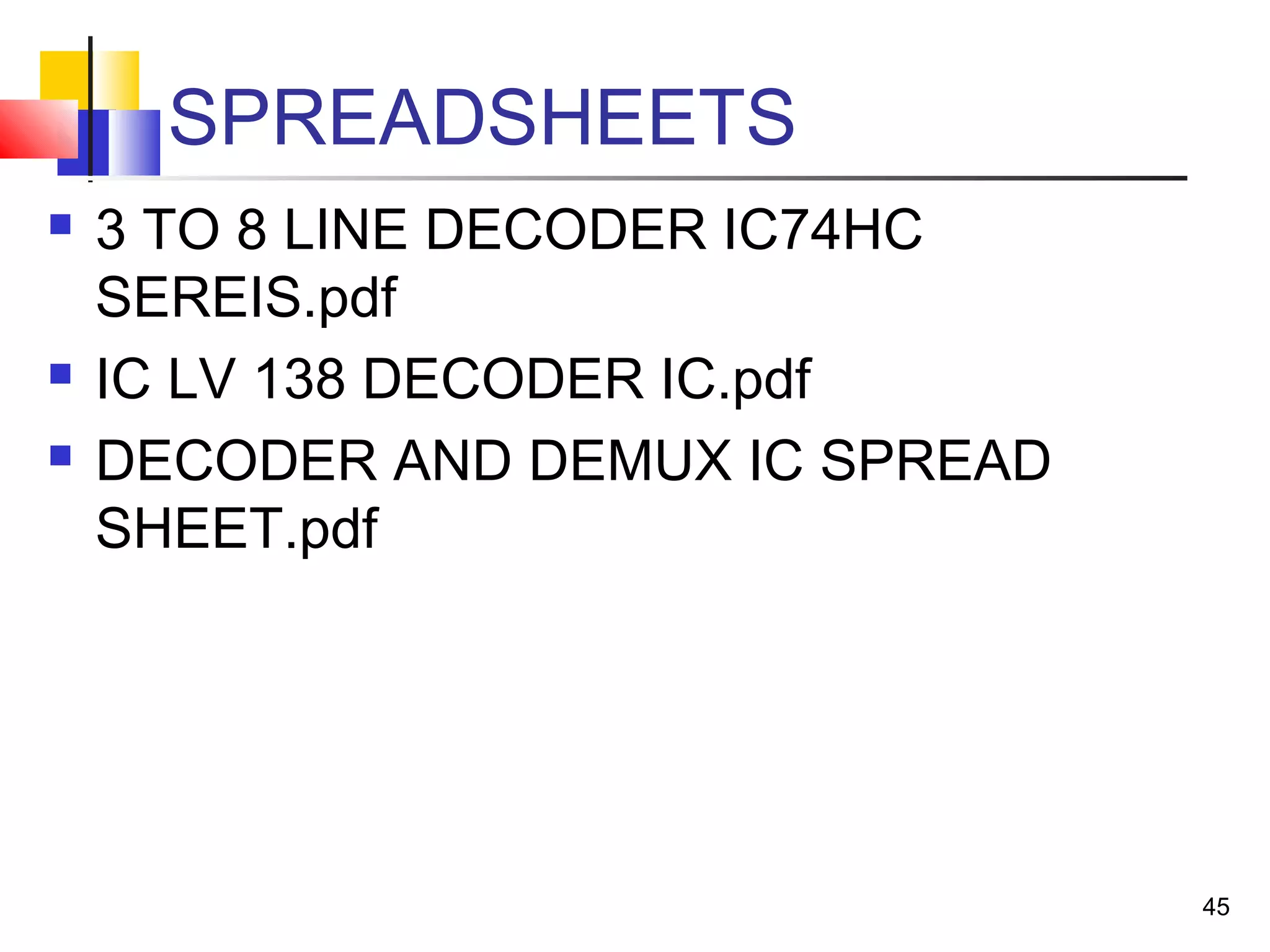 SPREADSHEETS
 3 TO 8 LINE DECODER IC74HC
SEREIS.pdf
 IC LV 138 DECODER IC.pdf
 DECODER AND DEMUX IC SPREAD
SHEET.pdf
45
 