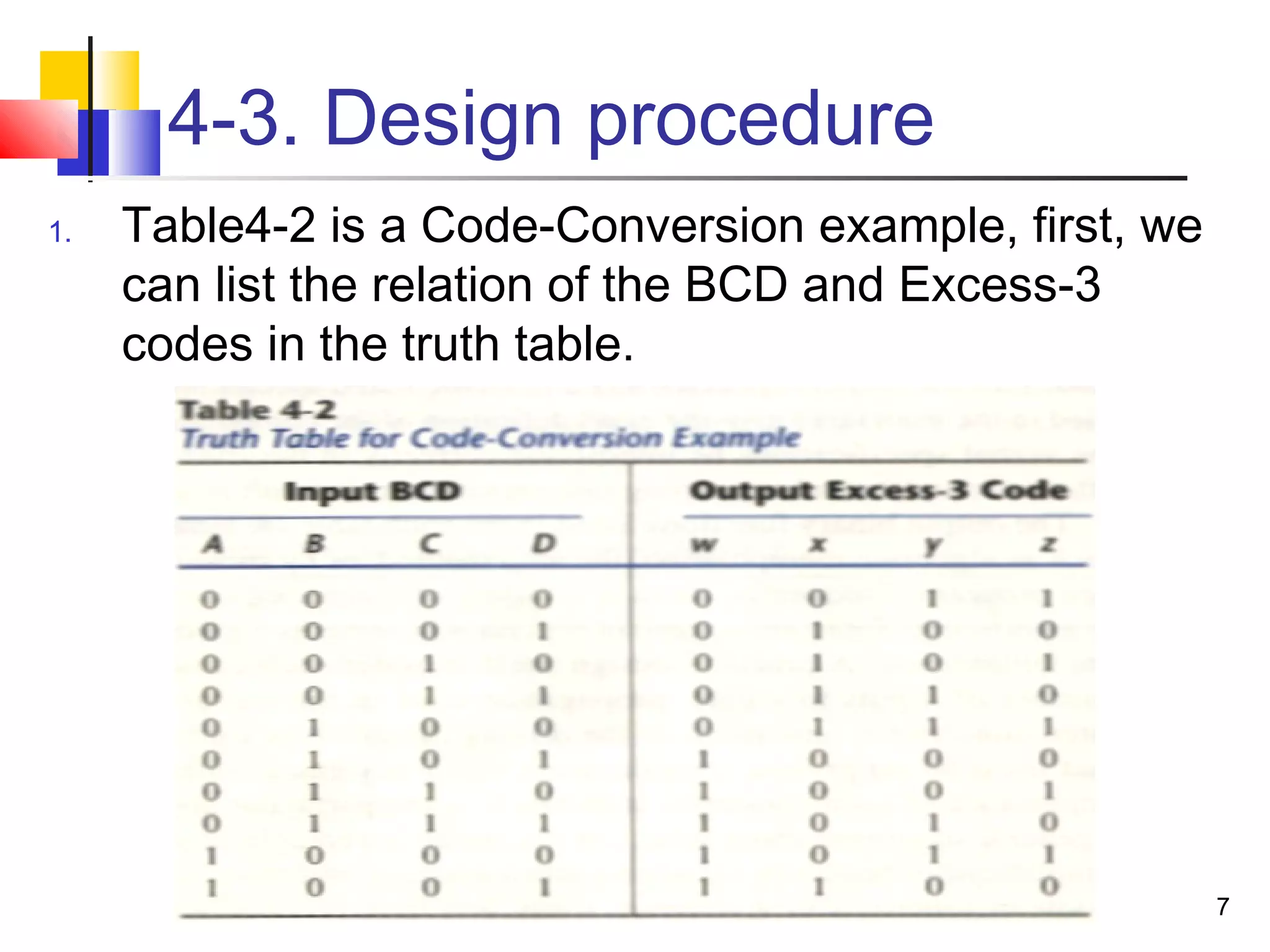7
4-3. Design procedure
1. Table4-2 is a Code-Conversion example, first, we
can list the relation of the BCD and Excess-3
codes in the truth table.
 