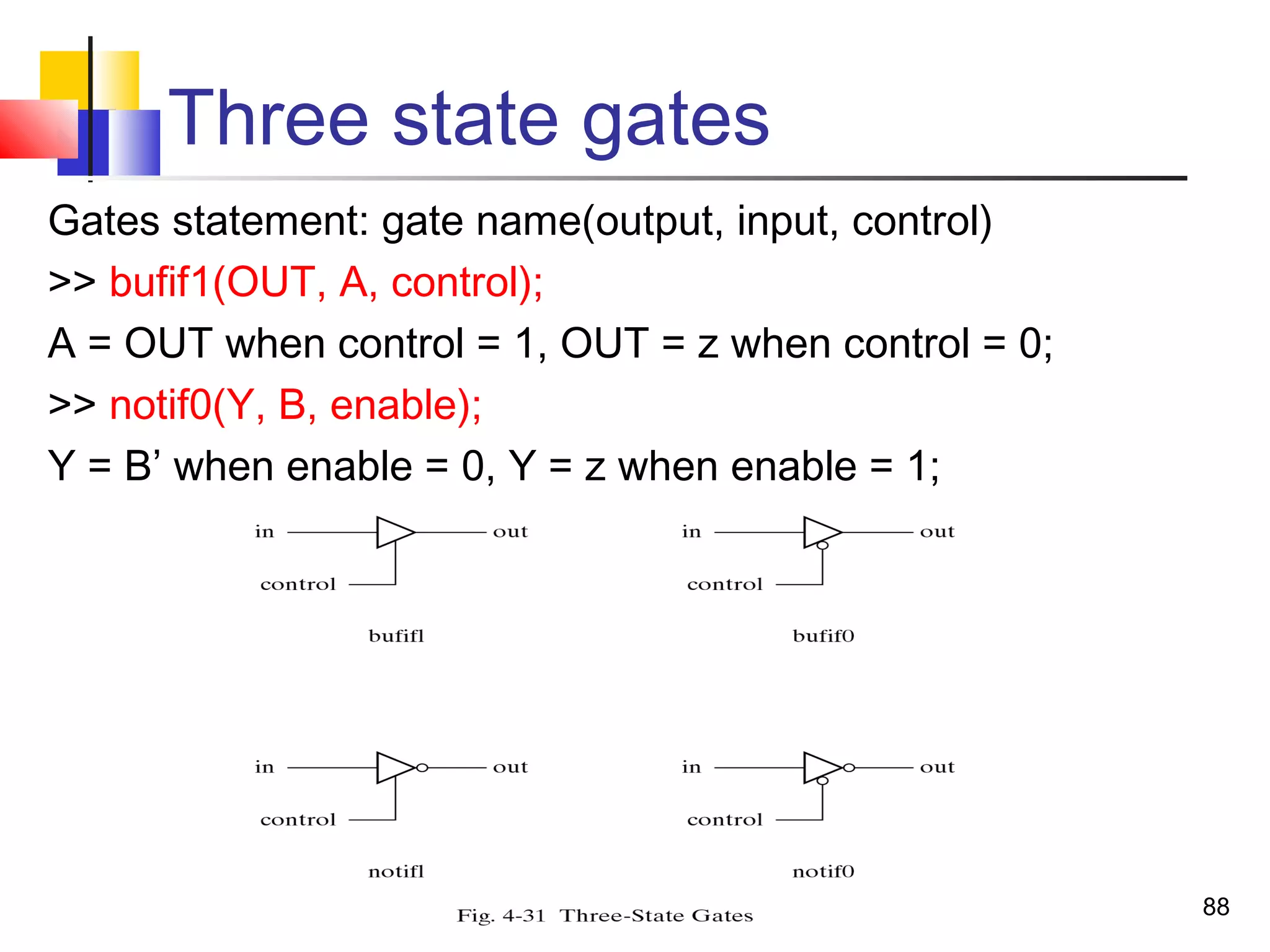 88
Three state gates
Gates statement: gate name(output, input, control)
>> bufif1(OUT, A, control);
A = OUT when control = 1, OUT = z when control = 0;
>> notif0(Y, B, enable);
Y = B’ when enable = 0, Y = z when enable = 1;
 