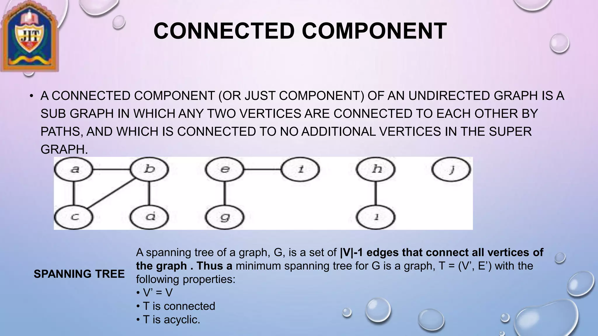 CONNECTED COMPONENT
• A CONNECTED COMPONENT (OR JUST COMPONENT) OF AN UNDIRECTED GRAPH IS A
SUB GRAPH IN WHICH ANY TWO VERTICES ARE CONNECTED TO EACH OTHER BY
PATHS, AND WHICH IS CONNECTED TO NO ADDITIONAL VERTICES IN THE SUPER
GRAPH.
SPANNING TREE
A spanning tree of a graph, G, is a set of |V|-1 edges that connect all vertices of
the graph . Thus a minimum spanning tree for G is a graph, T = (V’, E’) with the
following properties:
• V’ = V
• T is connected
• T is acyclic.
 