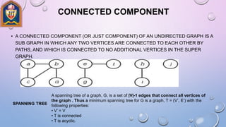 CONNECTED COMPONENT
• A CONNECTED COMPONENT (OR JUST COMPONENT) OF AN UNDIRECTED GRAPH IS A
SUB GRAPH IN WHICH ANY TWO VERTICES ARE CONNECTED TO EACH OTHER BY
PATHS, AND WHICH IS CONNECTED TO NO ADDITIONAL VERTICES IN THE SUPER
GRAPH.
SPANNING TREE
A spanning tree of a graph, G, is a set of |V|-1 edges that connect all vertices of
the graph . Thus a minimum spanning tree for G is a graph, T = (V’, E’) with the
following properties:
• V’ = V
• T is connected
• T is acyclic.
 