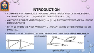 INTRODUCTION
• A GRAPH IS A MATHEMATICAL STRUCTURE CONSISTING OF A SET OF VERTICES (ALSO
CALLED NODES) {V1,V2,…,VN) AND A SET OF EDGES {E1,E2,…,EN}.
• AN EDGE IS A PAIR OF VERTICES {VI,VJ} I, J∈ {1…N}. THE TWO VERTICES ARE CALLED THE
EDGE ENDPOINTS.
• G = (V, E), WHERE V IS A SET AND E ⊆ V × V , A GRAPH MAY BE EITHER UNDIRECTED OR
DIRECTED.
• GRAPHS CAN BE CLASSIFIED BY WHETHER OR NOT THEIR EDGES HAVE WEIGHTS. IN
WEIGHTED GRAPH, EDGES HAVE A WEIGHT. WEIGHT TYPICALLY SHOWS COST OF
TRAVERSING
Fig1:Undirect Graph Fig2:Direct Graph
 