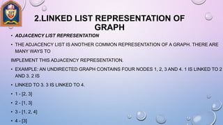 2.LINKED LIST REPRESENTATION OF
GRAPH
• ADJACENCY LIST REPRESENTATION
• THE ADJACENCY LIST IS ANOTHER COMMON REPRESENTATION OF A GRAPH. THERE ARE
MANY WAYS TO
IMPLEMENT THIS ADJACENCY REPRESENTATION.
• EXAMPLE: AN UNDIRECTED GRAPH CONTAINS FOUR NODES 1, 2, 3 AND 4. 1 IS LINKED TO 2
AND 3. 2 IS
• LINKED TO 3. 3 IS LINKED TO 4.
• 1 - [2, 3]
• 2 - [1, 3]
• 3 - [1, 2, 4]
• 4 - [3]
 