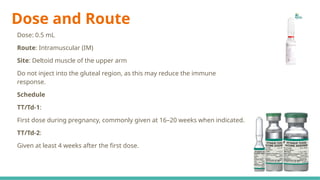 Dose and Route
Dose: 0.5 mL
Route: Intramuscular (IM)
Site: Deltoid muscle of the upper arm
Do not inject into the gluteal region, as this may reduce the immune
response.
Schedule
TT/Td-1:
First dose during pregnancy, commonly given at 16–20 weeks when indicated.
TT/Td-2:
Given at least 4 weeks after the first dose.
 