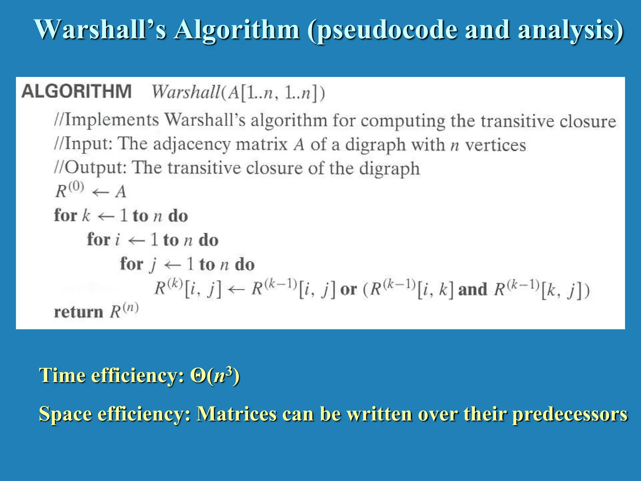 Warshall’s Algorithm (pseudocode and analysis) Time efficiency: Θ(n3) Space efficiency: Matrices can be written over their predecessors 