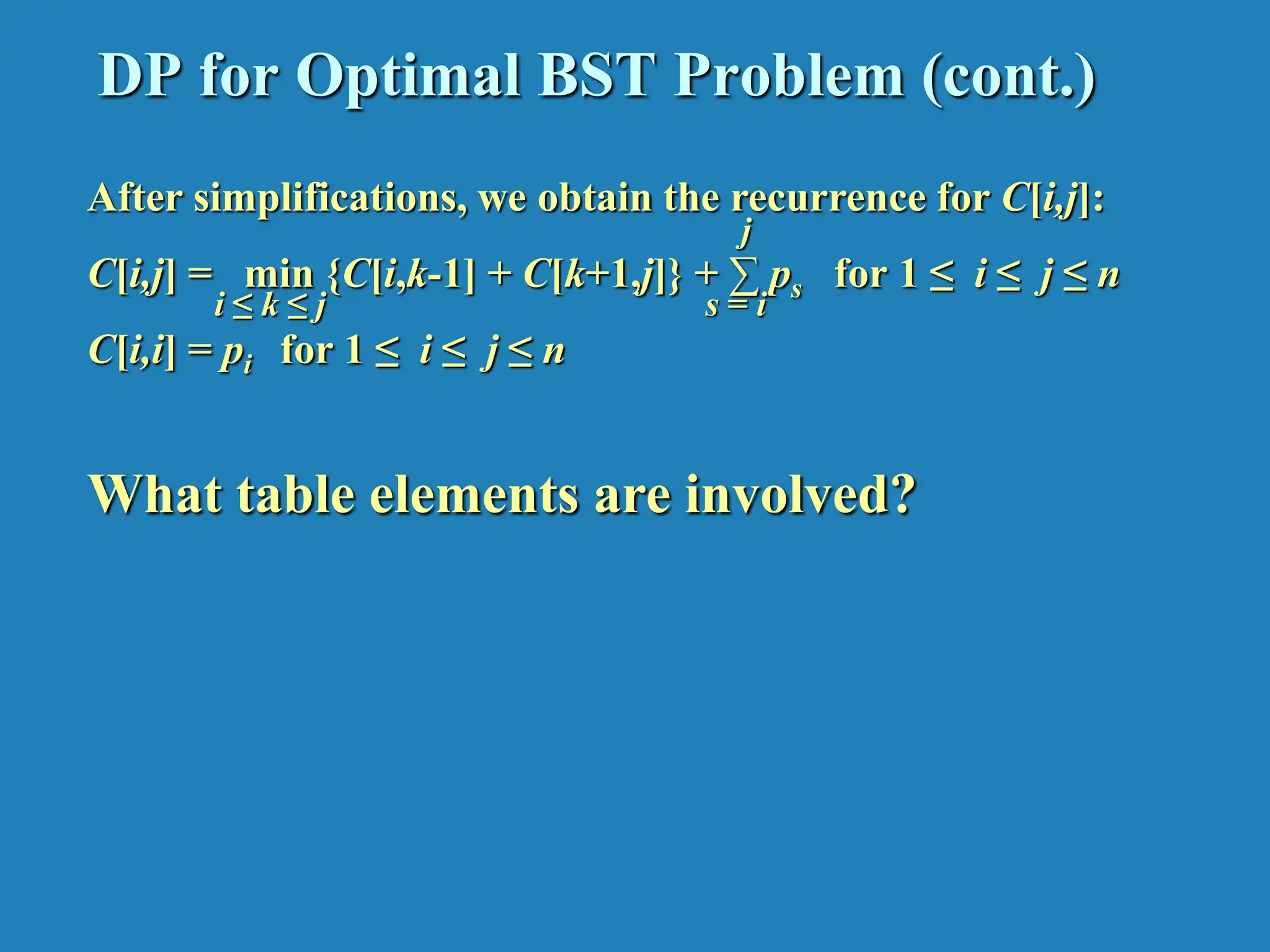 DP for Optimal BST Problem (cont.) After simplifications, we obtain the recurrence for C[i,j]: C[i,j] = min {C[i,k-1] + C[k+1,j]} + ∑ ps for 1 ≤ i ≤ j ≤ n C[i,i] = pi for 1 ≤ i ≤ j ≤ n What table elements are involved? s = i j i ≤ k ≤ j 