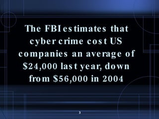 The FBI estimates that cyber crime cost US companies an average of $24,000 last year, down from $56,000 in 2004 