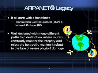 ARPANET’s Legacy It all starts with a handshake Transmission Control Protocol (TCP) & Internet Protocol (IP) Well designed with many different paths to a destination, where routers constantly monitor the integrity and select the best path, making it robust in the face of severe physical damage 