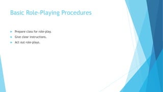 Basic Role-Playing Procedures
 Prepare class for role-play.
 Give clear instructions.
 Act out role-plays.
 