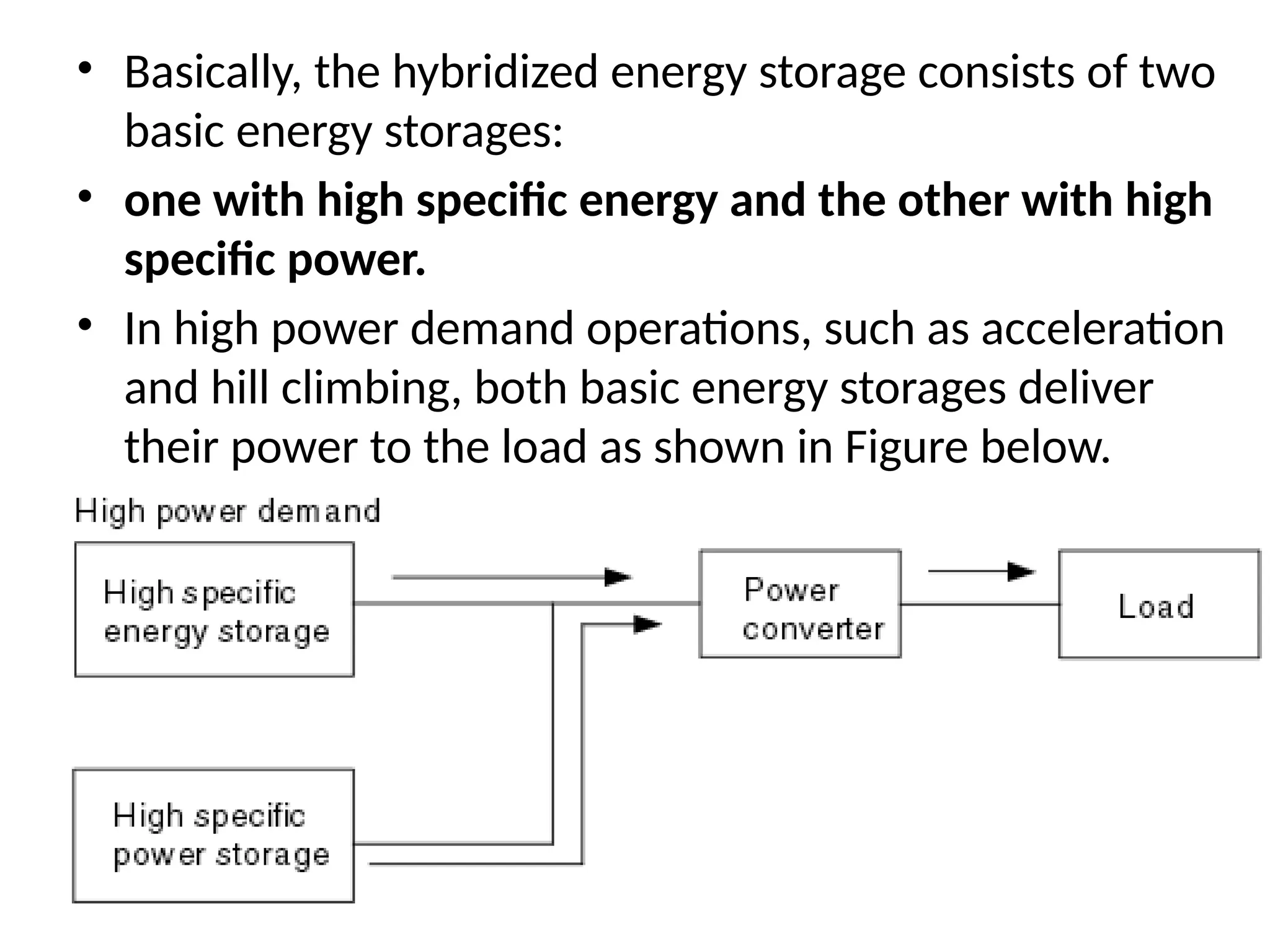• Basically, the hybridized energy storage consists of two
basic energy storages:
• one with high specific energy and the other with high
specific power.
• In high power demand operations, such as acceleration
and hill climbing, both basic energy storages deliver
their power to the load as shown in Figure below.
 