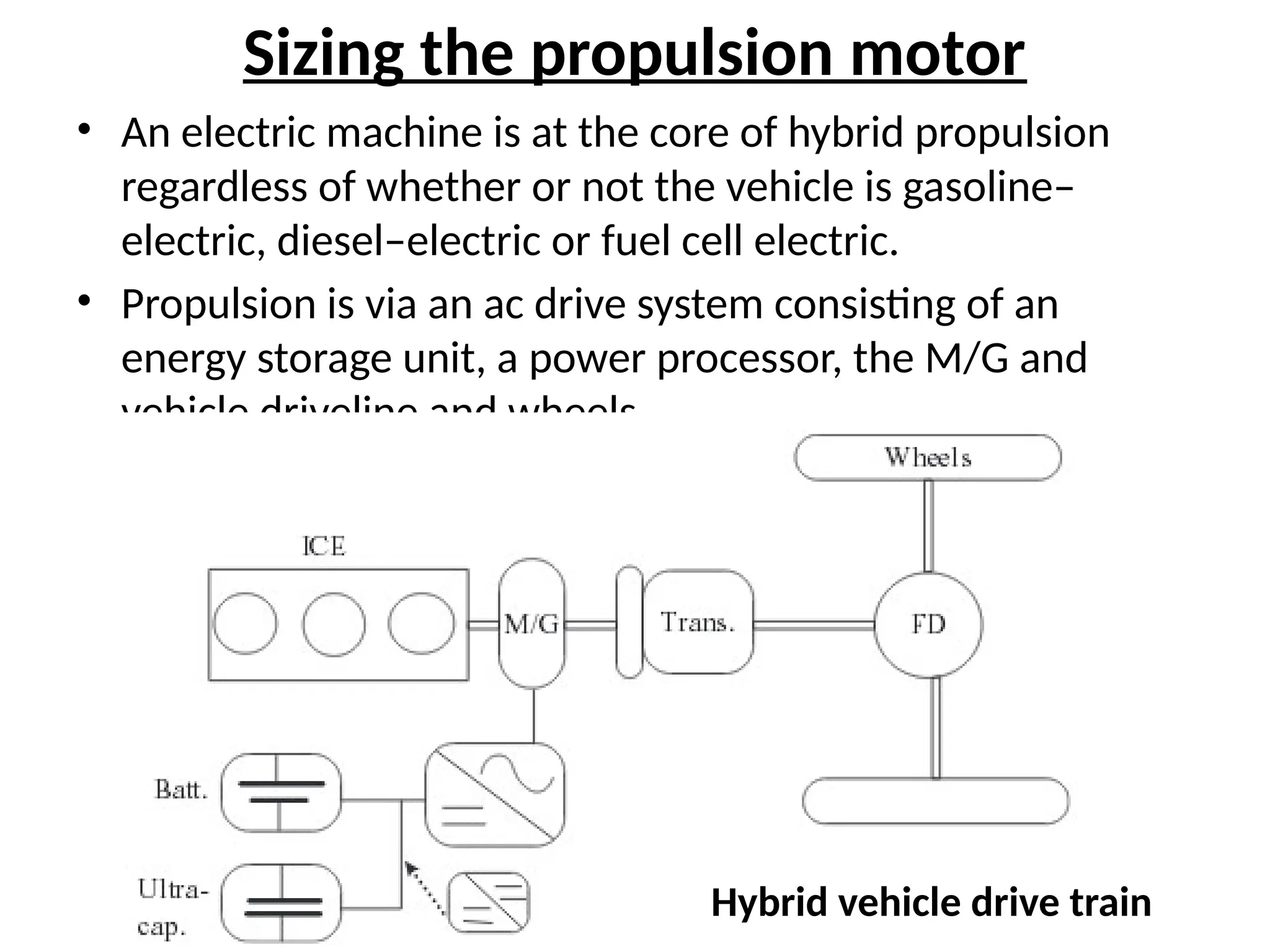 Sizing the propulsion motor
• An electric machine is at the core of hybrid propulsion
regardless of whether or not the vehicle is gasoline–
electric, diesel–electric or fuel cell electric.
• Propulsion is via an ac drive system consisting of an
energy storage unit, a power processor, the M/G and
vehicle driveline and wheels.
Hybrid vehicle drive train
 