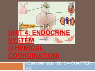 UNIT 4: ENDOCRINE
SYSTEM
(CHEMICAL
COORDINATION)
(Campbell et.al, 2010 – CHAPTER
45)
 