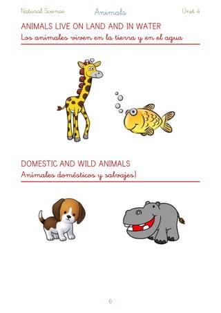 Natural Science Animals Unit 4
ANIMALS LIVE ON LAND AND IN WATER 
Los animales viven en la tierra y en el agua
DOMESTIC AND WILD ANIMALS 
Animales domésticos y salvajes)
!6
 
