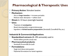 Pharmacological &Therapeutic Uses
 Primary Action: Stimulant laxative
 Mechanism:
◦ Acts on large intestine increases peristalsis
→
◦ Reduces water absorption softens stool
→
 Onset: 6–12 hours (overnight laxative)
 Uses:
◦ Treatment of constipation
◦ Bowel cleansing before surgery/colonoscopy
◦ Ingredient in herbal laxative preparations (Senokot®, Cremaffin® Plus, etc.)
Industrial & Commercial Applications
 Standardized extracts (8–10% sennoside) used in:
◦ Herbal tablets, granules, syrups, teas
 Pharmaceutical products:
◦ Senokot®, Pursennid®, Ex-Lax®
 Formulations:
◦ Single herb (Senna leaf powder)
◦ Polyherbal formulations for bowel regulation
 