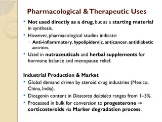Pharmacological &Therapeutic Uses
 Not used directly as a drug, but as a starting material
in synthesis.
 However, pharmacological studies indicate:
◦ Anti-inflammatory, hypolipidemic, anticancer, antidiabetic
activities.
 Used in nutraceuticals and herbal supplements for
hormone balance and menopause relief.
Industrial Production & Market
 Global demand driven by steroid drug industries (Mexico,
China, India).
 Diosgenin content in Dioscorea deltoidea ranges from 1–3%.
 Processed in bulk for conversion to progesterone →
corticosteroids via Marker degradation process.
 