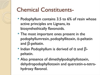 Chemical Constituents-
 Podophyllum contains 3.5 to 6% of resin whose
active principles are Lignans, its
biosynthethically flavonoids.
 The most important ones present in the
podophyllumresin, podophyllitoxin, α-peltatin
and β-peltatin.
 Indian Podophyllum is derived of α and β-
peltatin.
 Also presence of dimethylpodophyllotoxin,
dehydropodophyllotoxin and quercetin-a-tetra-
hydroxy flavonol.
 