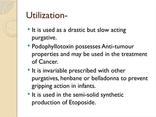 Utilization-
 It is used as a drastic but slow acting
purgative.
 Podophyllotoxin possesses Anti-tumour
properties and may be used in the treatment
of Cancer.
 It is invariable prescribed with other
purgatives, henbane or belladonna to prevent
gripping action in infants.
 It is used in the semi-solid synthetic
production of Etoposide.
 