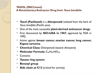 TAXOL (PACLitaxel)
A Revolutionary Anticancer Drug from Taxus brevifolia
 Taxol (Paclitaxel) is a diterpenoid isolated from the bark of
Taxus brevifolia (Pacific yew).
 One of the most successful plant-derived anticancer drugs.
 First discovered by NCI-USA in 1967, approved by FDA in
1992.
 Active against breast cancer, ovarian cancer, lung cancer,
Kaposi sarcoma.
 Chemical Class: Diterpenoid (taxane diterpene)
 Molecular Formula: C H NO
₄₇ ₅₁ ₁₄
 Contains:
 Taxane ring system
 Benzoyl group
 Side chain at C13 (critical for activity)
 