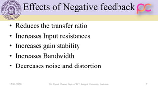 Effects of Negative feedback
• Reduces the transfer ratio
• Increases Input resistances
• Increases gain stability
• Increases Bandwidth
• Decreases noise and distortion
12/01/2020 Dr. Piyush Charan, Dept. of ECE, Integral University, Lucknow 21
 
