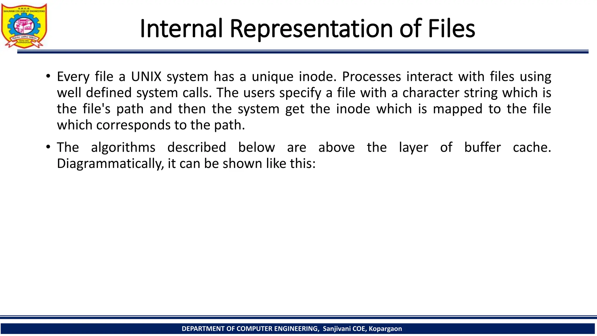 Internal Representation of Files
• Every file a UNIX system has a unique inode. Processes interact with files using
well defined system calls. The users specify a file with a character string which is
the file's path and then the system get the inode which is mapped to the file
which corresponds to the path.
• The algorithms described below are above the layer of buffer cache.
Diagrammatically, it can be shown like this:
DEPARTMENT OF COMPUTER ENGINEERING, Sanjivani COE, Kopargaon
 
