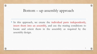 Bottom – up assembly approach
• In this approach, we create the individual parts independently,
insert them into an assembly, and use the mating conditions to
locate and orient them in the assembly as required by the
assembly design.
19
 