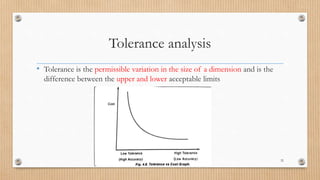 Tolerance analysis
• Tolerance is the permissible variation in the size of a dimension and is the
difference between the upper and lower acceptable limits
32
 