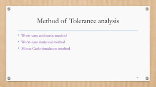 Method of Tolerance analysis
• Worst-case arithmetic method
• Worst-case statistical method
• Monte Carlo simulation method
50
 