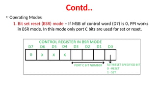 Contd..
• Operating Modes
1. Bit set reset (BSR) mode – If MSB of control word (D7) is 0, PPI works
in BSR mode. In this mode only port C bits are used for set or reset.
 
