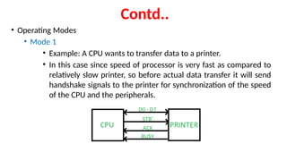 Contd..
• Operating Modes
• Mode 1
• Example: A CPU wants to transfer data to a printer.
• In this case since speed of processor is very fast as compared to
relatively slow printer, so before actual data transfer it will send
handshake signals to the printer for synchronization of the speed
of the CPU and the peripherals.
 
