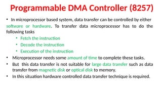 Programmable DMA Controller (8257)
• In microprocessor based system, data transfer can be controlled by either
software or hardware. To transfer data microprocessor has to do the
following tasks
• Fetch the instruction
• Decode the instruction
• Execution of the instruction
• Microprocessor needs some amount of time to complete these tasks.
• But this data transfer is not suitable for large data transfer such as data
transfer from magnetic disk or optical disk to memory.
• In this situation hardware controlled data transfer technique is required.
 