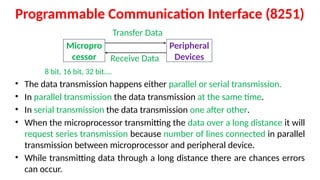 Programmable Communication Interface (8251)
Transfer Data
Receive Data
8 bit, 16 bit, 32 bit….
• The data transmission happens either parallel or serial transmission.
• In parallel transmission the data transmission at the same time.
• In serial transmission the data transmission one after other.
• When the microprocessor transmitting the data over a long distance it will
request series transmission because number of lines connected in parallel
transmission between microprocessor and peripheral device.
• While transmitting data through a long distance there are chances errors
can occur.
Micropro
cessor
Peripheral
Devices
 