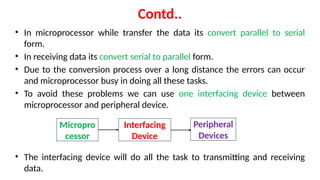 Contd..
• In microprocessor while transfer the data its convert parallel to serial
form.
• In receiving data its convert serial to parallel form.
• Due to the conversion process over a long distance the errors can occur
and microprocessor busy in doing all these tasks.
• To avoid these problems we can use one interfacing device between
microprocessor and peripheral device.
• The interfacing device will do all the task to transmitting and receiving
data.
Micropro
cessor
Peripheral
Devices
Interfacing
Device
 