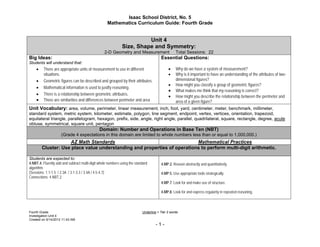Isaac School District, No. 5
                                                    Mathematics Curriculum Guide: Fourth Grade


                                                                        Unit 4
                                                              Size, Shape and Symmetry:
                                                  2-D Geometry and Measurement                   Total Sessions: 22
Big Ideas:                                                                             Essential Questions:
Students will understand that:
     There are appropriate units of measurement to use in different                        Why do we have a system of measurement?
       situations.                                                                           Why is it important to have an understanding of the attributes of two-
     Geometric figures can be described and grouped by their attributes.                     dimensional figures?
                                                                                             How might you classify a group of geometric figures?
     Mathematical information is used to justify reasoning.
                                                                                             What makes me think that my reasoning is correct?
     There is a relationship between geometric attributes.
                                                                                             How might you describe the relationship between the perimeter and
     There are similarities and differences between perimeter and area                       area of a given figure?
Unit Vocabulary: area, volume, perimeter, linear measurement, inch, foot, yard, centimeter, meter, benchmark, millimeter,
standard system, metric system, kilometer, estimate, polygon, line segment, endpoint, vertex, vertices, orientation, trapezoid,
equilateral triangle, parallelogram, hexagon, prefix, side, angle, right angle, parallel, quadrilateral, square, rectangle, degree, acute
obtuse, symmetrical, square unit, pentagon
                                               Domain: Number and Operations in Base Ten (NBT)
                     (Grade 4 expectations in this domain are limited to whole numbers less than or equal to 1,000,000.)
                    AZ Math Standards                                     Mathematical Practices
        Cluster: Use place value understanding and properties of operations to perform multi-digit arithmetic.

Students are expected to:
4.NBT.4. Fluently add and subtract multi-digit whole numbers using the standard        4.MP.2. Reason abstractly and quantitatively.
algorithm.
(Sessions: 1.1-1.5 / 2.3A / 3.1-3.3 / 3.4A / 4.5-4.7)                                  4.MP.5. Use appropriate tools strategically.
Connections: 4.NBT.2
                                                                                       4.MP.7. Look for and make use of structure.

                                                                                       4.MP.8. Look for and express regularity in repeated reasoning.



Fourth Grade                                                               Underline = Tier 2 words
Investigation Unit 4
Created on 5/14/2012 11:43 AM
                                                                                    -1-
 