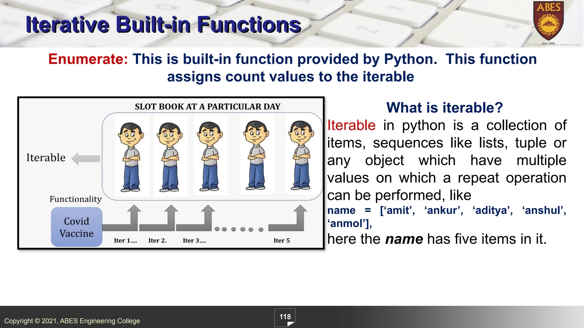 Copyright © 2021, ABES Engineering College
118
Enumerate: This is built-in function provided by Python. This function
assigns count values to the iterable
Iterative Built-in Functions
What is iterable?
Iterable in python is a collection of
items, sequences like lists, tuple or
any object which have multiple
values on which a repeat operation
can be performed, like
name = [‘amit’, ‘ankur’, ‘aditya’, ‘anshul’,
‘anmol’],
here the name has five items in it.
 