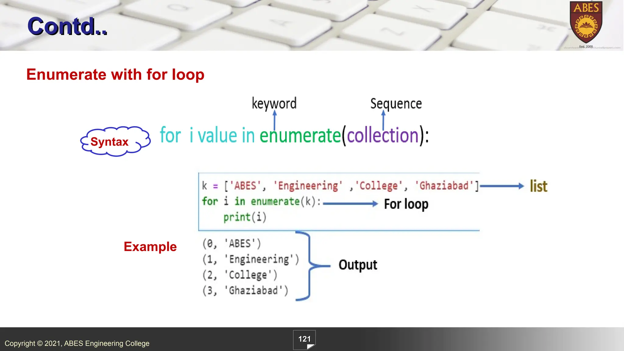 Copyright © 2021, ABES Engineering College
121
Contd..
Enumerate with for loop
Example
Syntax
 