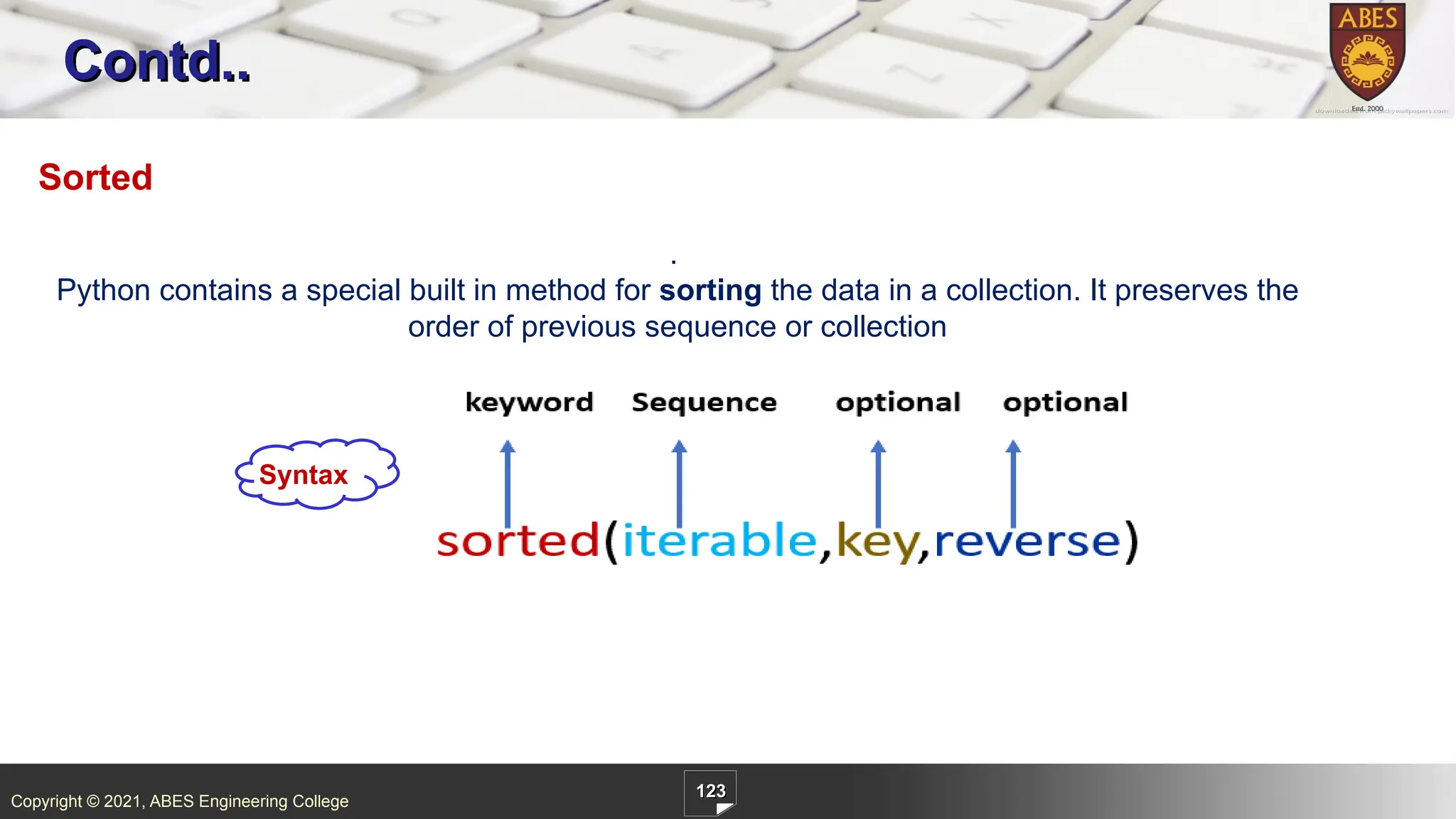 Copyright © 2021, ABES Engineering College
123
Contd..
Sorted
.
Python contains a special built in method for sorting the data in a collection. It preserves the
order of previous sequence or collection
Syntax
 