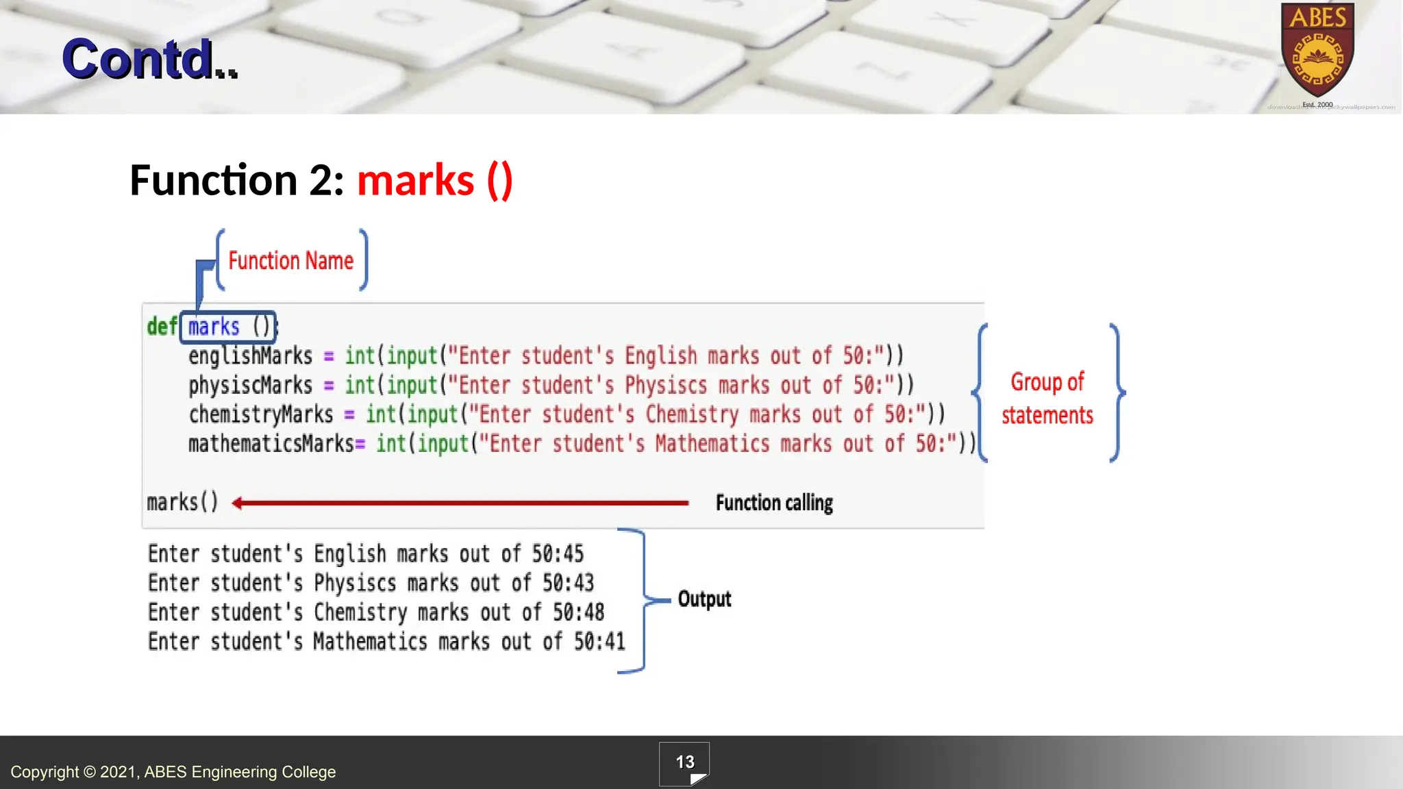 Copyright © 2021, ABES Engineering College
Contd..
13
Function 2: marks ()
 