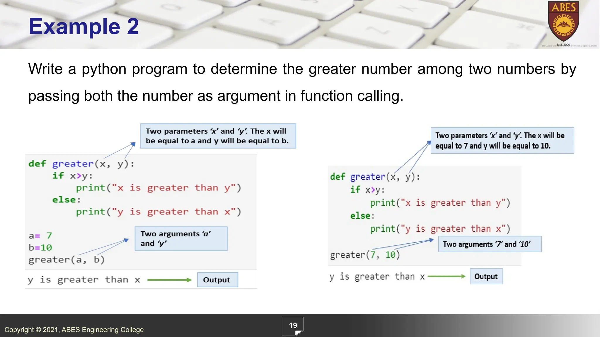 Copyright © 2021, ABES Engineering College
19
Example 2
Write a python program to determine the greater number among two numbers by
passing both the number as argument in function calling.
 