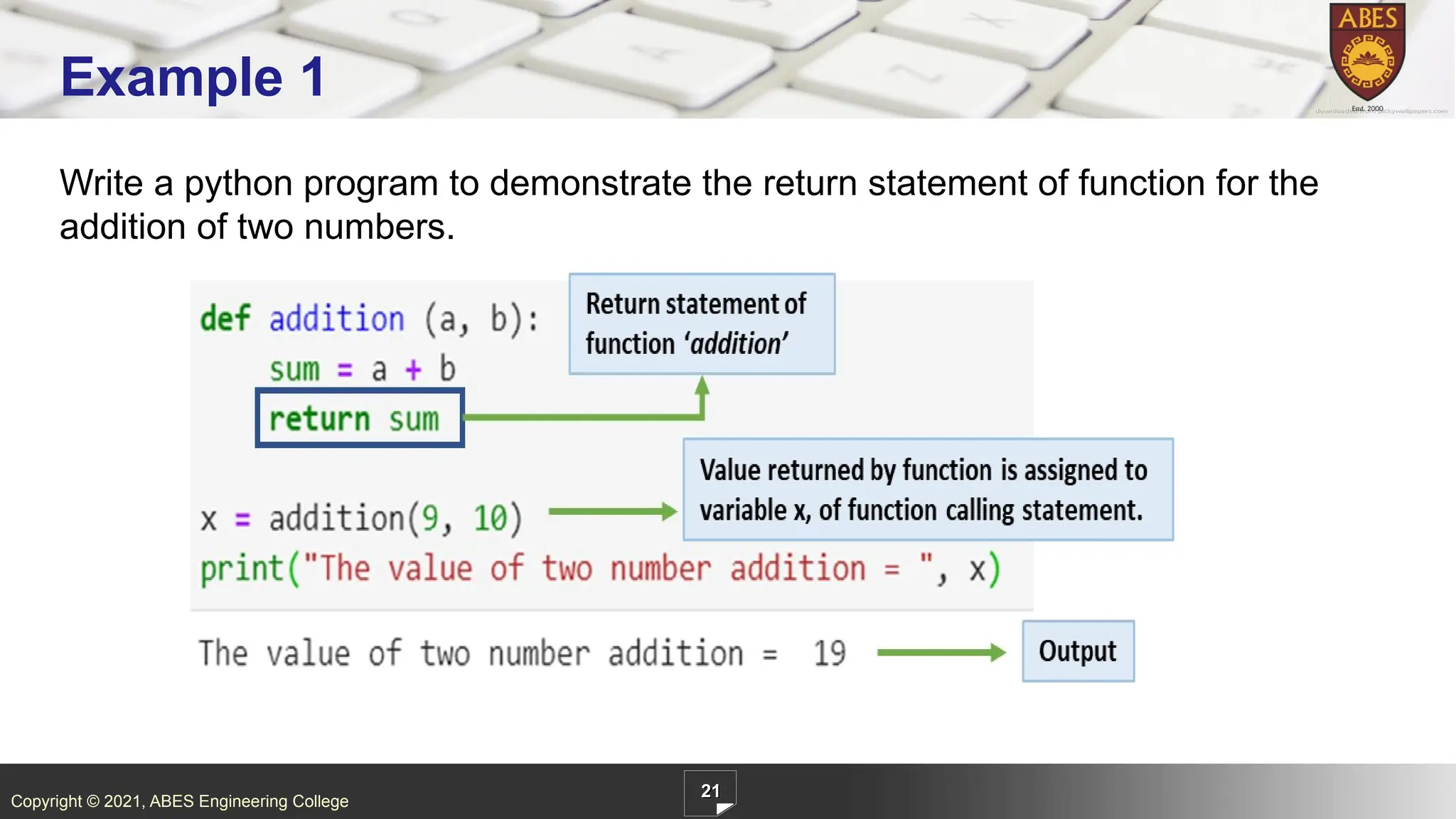 Copyright © 2021, ABES Engineering College
Write a python program to demonstrate the return statement of function for the
addition of two numbers.
21
Example 1
 