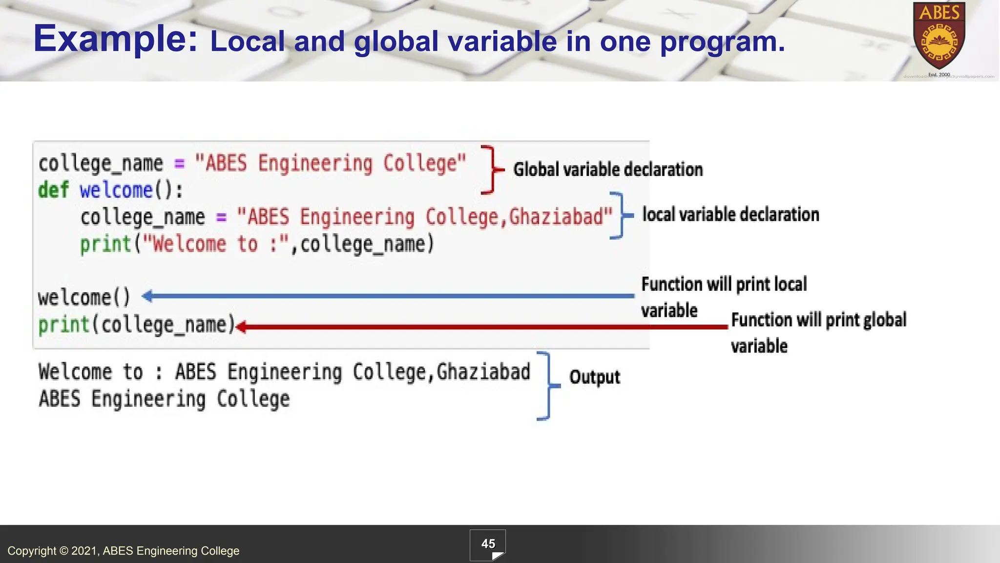 Copyright © 2021, ABES Engineering College
45
Example: Local and global variable in one program.
 