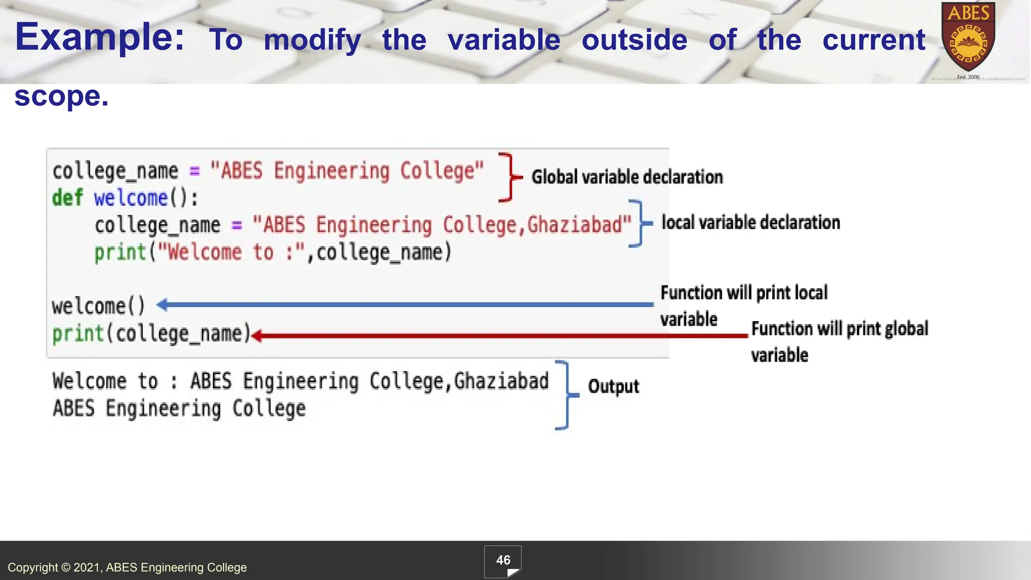 Copyright © 2021, ABES Engineering College
46
Example: To modify the variable outside of the current
scope.
 