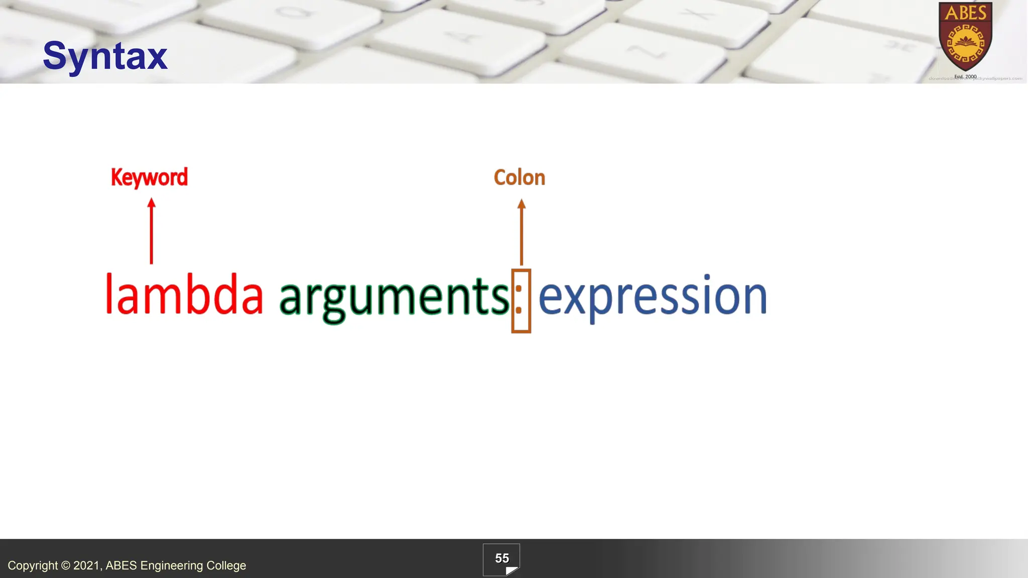 Copyright © 2021, ABES Engineering College
55
Syntax
 