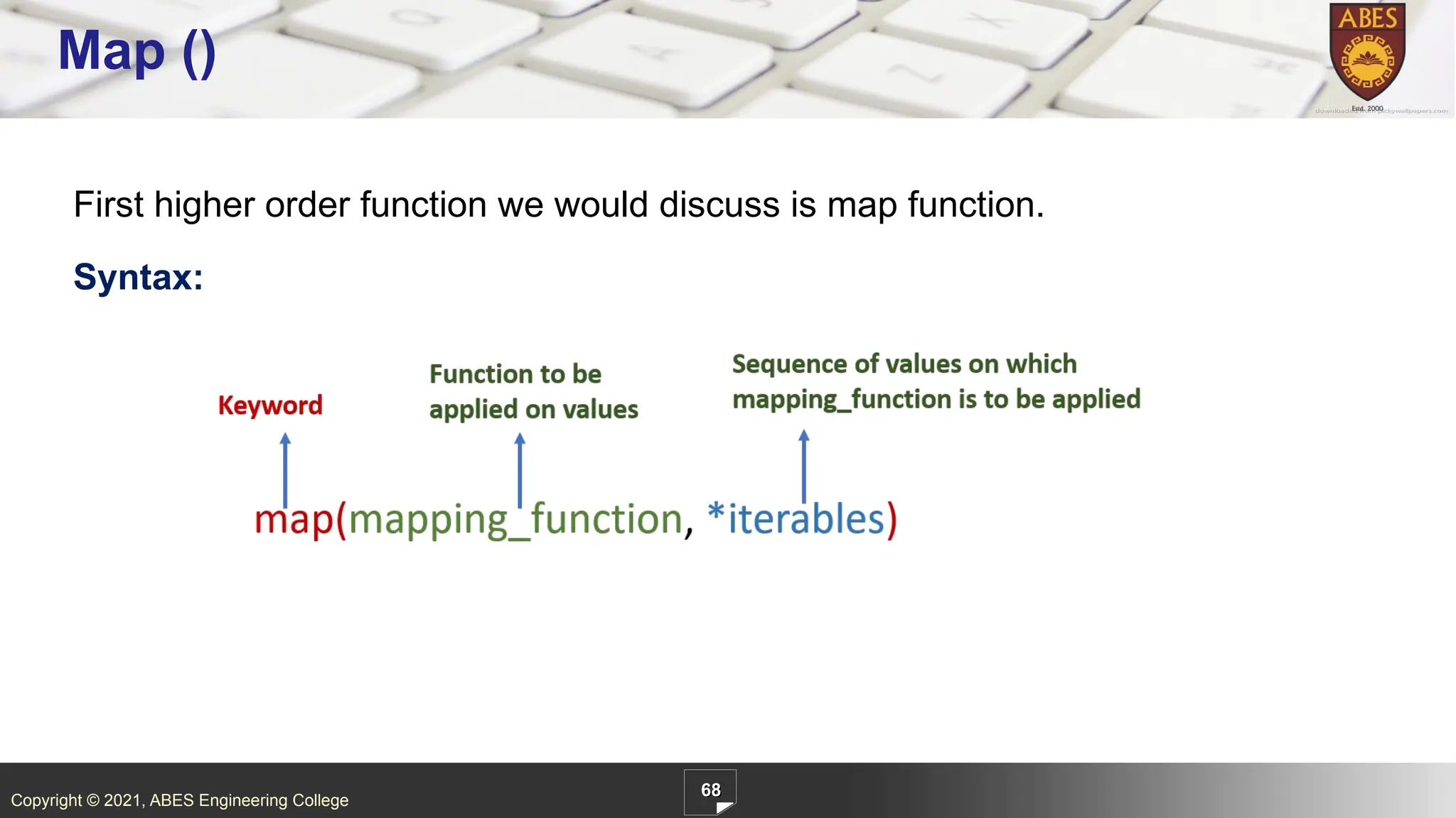 Copyright © 2021, ABES Engineering College
First higher order function we would discuss is map function.
Syntax:
68
Map ()
 