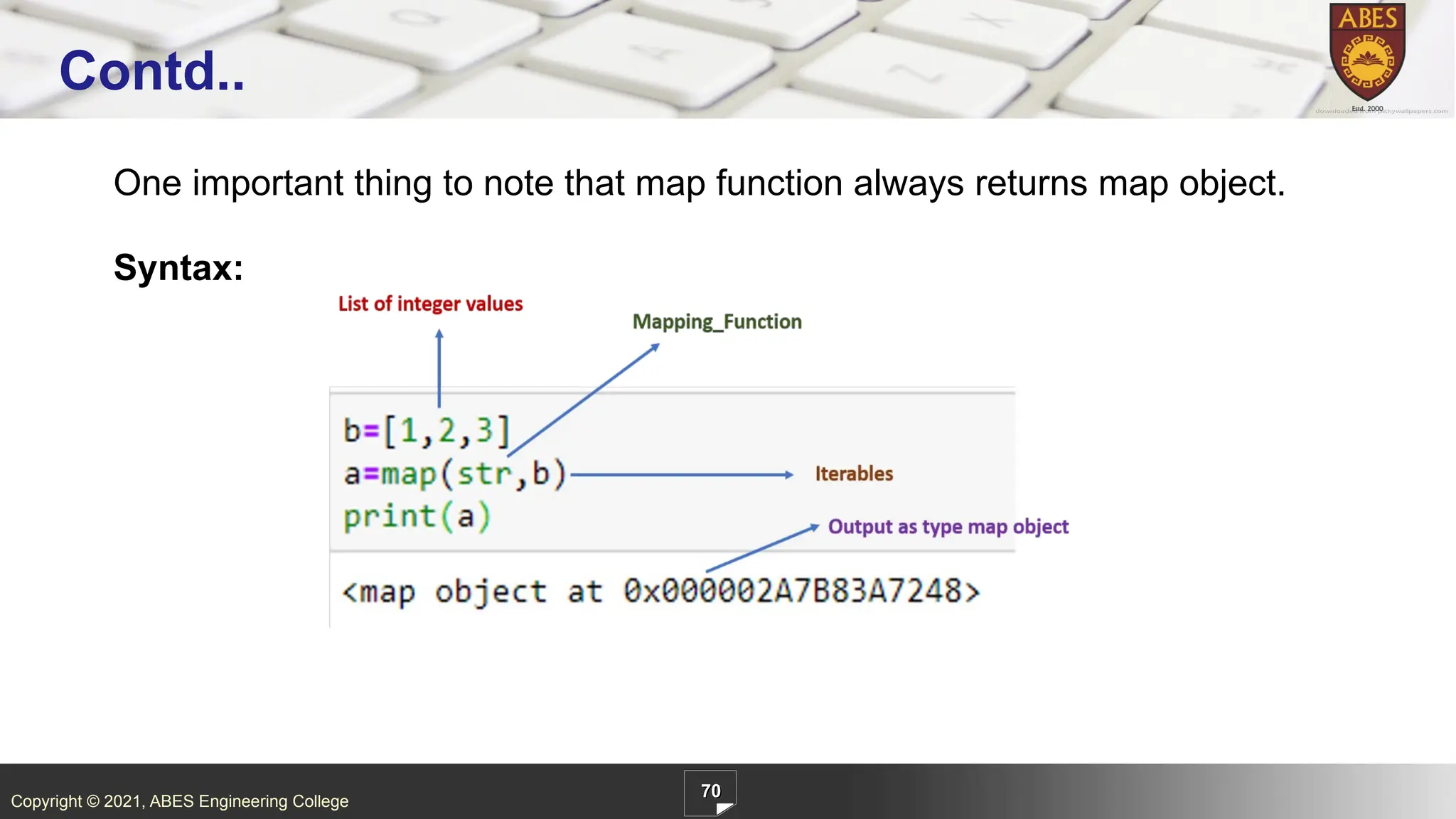 Copyright © 2021, ABES Engineering College
One important thing to note that map function always returns map object.
Syntax:
70
Contd..
 