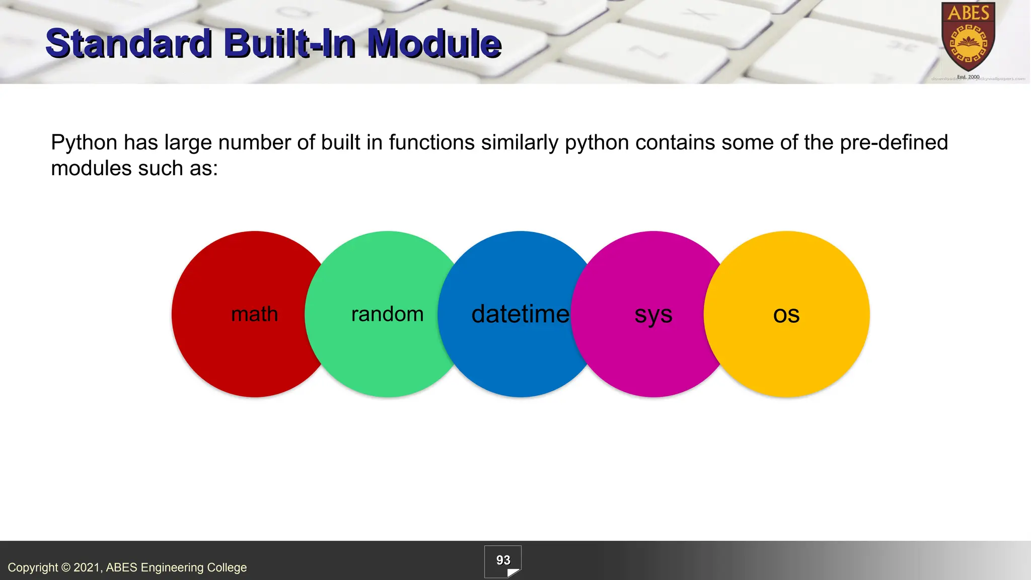 Copyright © 2021, ABES Engineering College
93
Standard Built-In Module
Python has large number of built in functions similarly python contains some of the pre-defined
modules such as:
math random datetime sys os
 