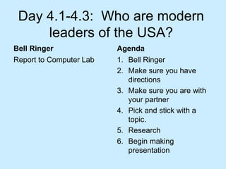 Day 4.1-4.3:  Who are modern leaders of the USA? ,[object Object],[object Object],[object Object],[object Object],[object Object],[object Object],[object Object],[object Object],[object Object]