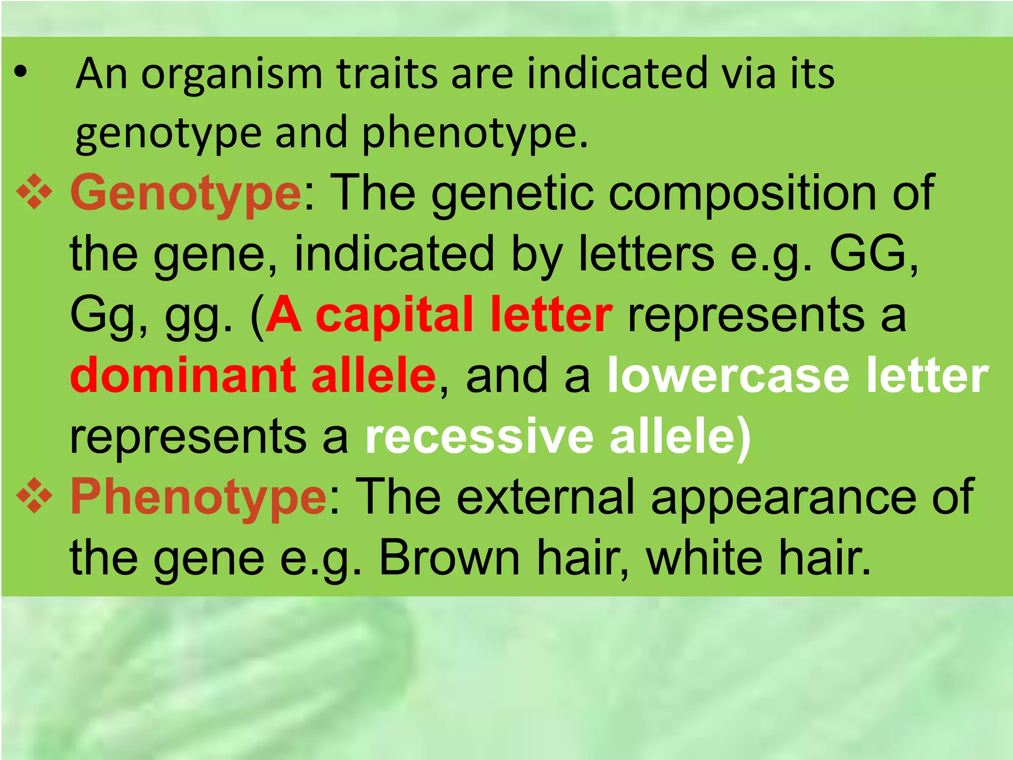 • An organism traits are indicated via its
genotype and phenotype.
 Genotype: The genetic composition of
the gene, indicated by letters e.g. GG,
Gg, gg. (A capital letter represents a
dominant allele, and a lowercase letter
represents a recessive allele)
 Phenotype: The external appearance of
the gene e.g. Brown hair, white hair.
 