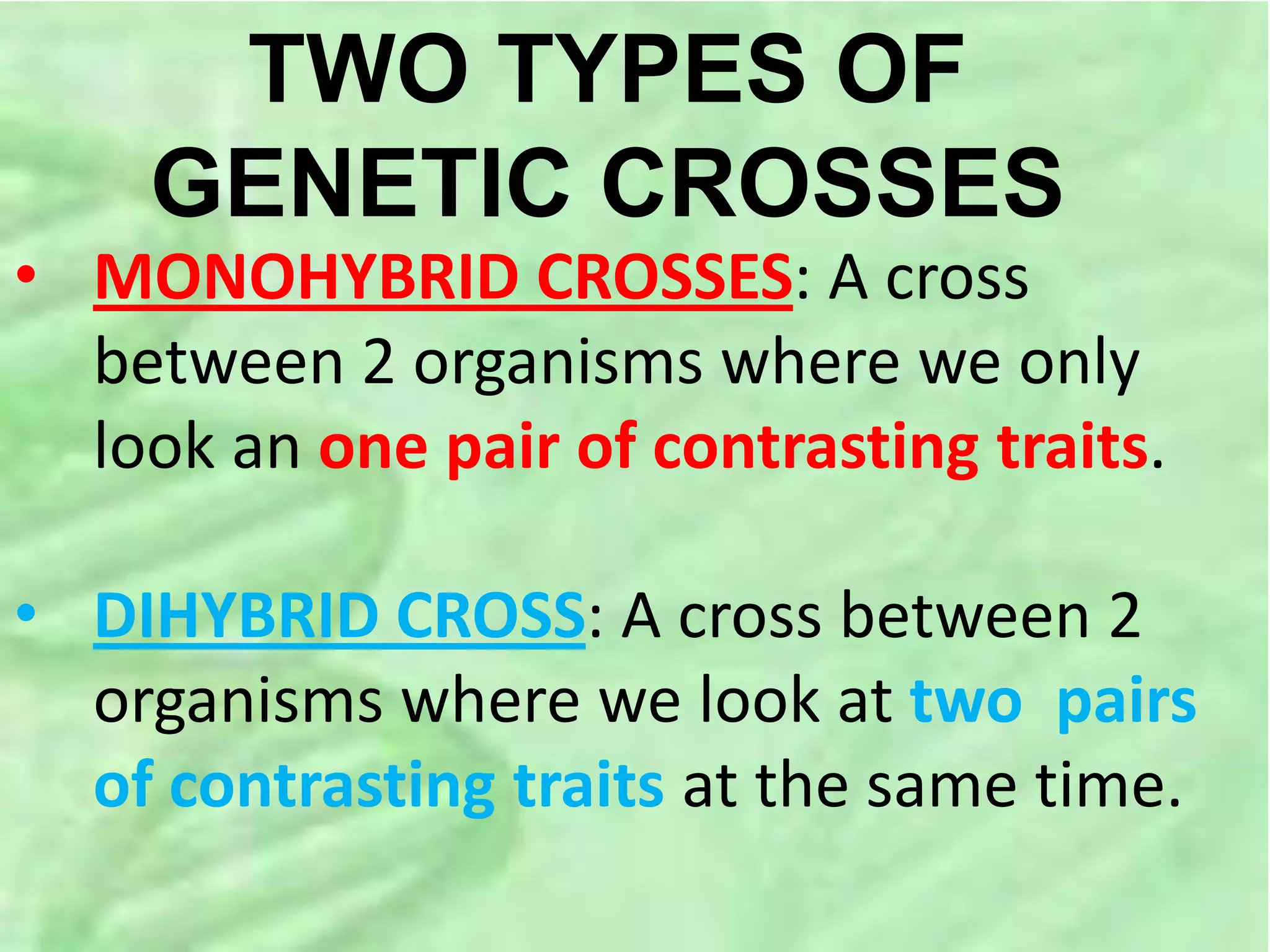 TWO TYPES OF
GENETIC CROSSES
• MONOHYBRID CROSSES: A cross
between 2 organisms where we only
look an one pair of contrasting traits.
• DIHYBRID CROSS: A cross between 2
organisms where we look at two pairs
of contrasting traits at the same time.
 